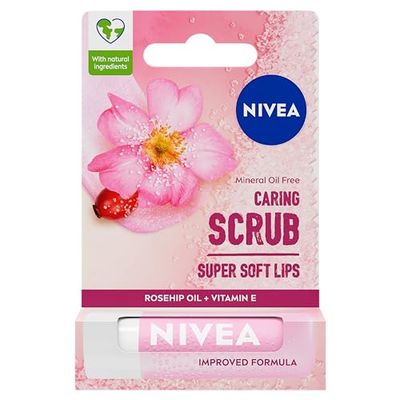 NIVEA Scrub labbra 2 in 1 con olio di rosa canina (5,5 ml), scrub labbra + vitamina E, scrub labbra esfoliante, balsamo per labbra + particelle naturali di peeling effetto esfoliante