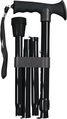 Folding Adjustable Walking Stick with Ergonomic Rubber Handle, 5 Height Settings, Lightweight Aluminum, Wrist Strap, and Non-Slip Tip. Compact for Travel. Supports up to 100kg. Black