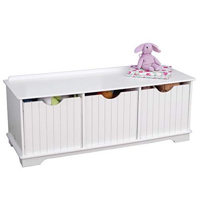 KidKraft Banco de Almacenamiento Infantil Nantucket Blanco de Madera con 3 Cajas de almacenaje, Organizador de Juguetes con 3 Cestas, Muebles para Salas de Juego y Dormitorio de niños (14564)