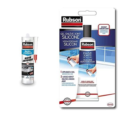 Rubson Mastic Bain & Cuisine Couleur Noir Intense, Joint silicone multi-matériaux renforcé en antifongiques, 280 ml & Enlève Joints Silicones, décapant spécialement, tube de 80 ml