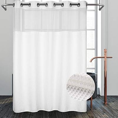 River Dream White Fabric Shower Curtain Set, Cotton Blend, Waffle Weave, with Snap in Replacement Liner,71 x 86 inches