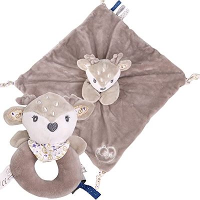 DODO D'AMOUR - Scatola Doudou Quadrato e Sonaglio - Cervo - 032192 - Beige - Polare - Nascita - Peluche - Bambino - Rassicurante - Morbido - Lavabile - 29 cm x 22 cm - A Partire da 0 Mesi.