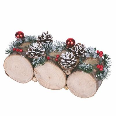 Julljushållare i poppelträ, 3 lågor, dekoration med tallkottar, Santa's House