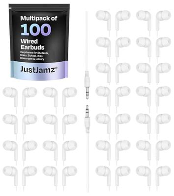 JustJamz Paquete de 100 Auriculares a Granel, Auriculares intraurales básicos, Color Blanco Perla, Auriculares Desechables