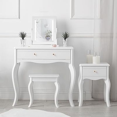 CARME Sorrento - Witte kaptafel en bijzettafel met lade roségoud handgrepen kruk spiegel met LED-verlichting - vierdelige set slaapkamer make-up meubels