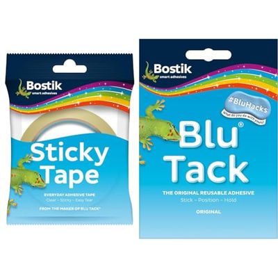 Bostik Sticky Tape Single Easy Tear 24mm x 50m, Transparent & Blu Tack, Multipurpose Reusable Adhesive, Clean, Safe & Easy to Use, Non-Toxic, Handy Size, Colour: Blue