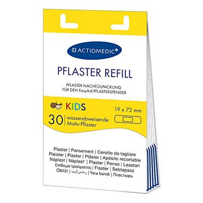ACTIOMEDIC I KIDS Recharge de pansements, 30 pièces, Compatible avec le distributeur de pansement EasyAid I Sparadraps étanches et hypoallergéniques pour enfants motif jungle, Premiers secours