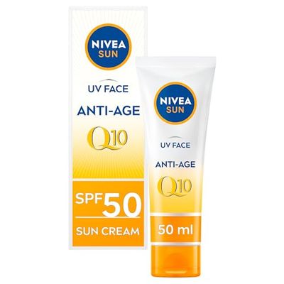 NIVEA Crema solar facial UV Face SPF50 Q10 antiedad con 0% de residuos blancos (50 ml), crema solar facial Q10, crema antiedad con SPF50, el embalaje puede variar