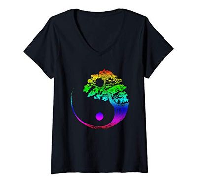 Donna Yin Yang Arcobaleno Bonsai Bonsai giapponese buddista Zen Maglietta con Collo a V