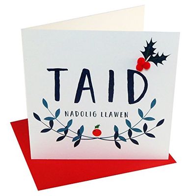 Claire Giles Greeting Cards, Welsh Happy Christmas Grandpa Card, Nadolig Llawen Taid, Holly Design Xmas Card, Embellished with Colourful Pompoms