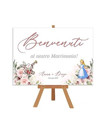 Cartello benvenuto matrimonio alice - Pannello accoglienza invitati personalizzato fiori rosa adatto anche per battesimo, comunione e cresima