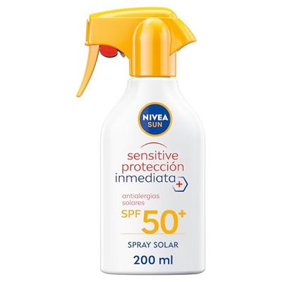 NIVEA SUN Sensitive Spray Antialergias FP50+ - Protector Solar Corporal par Alergias solares e Irritaciones - Protección Inmediata UVA/UVB - Sin Perfume - Resistente al Agua - Piel Sensible - 270 ml