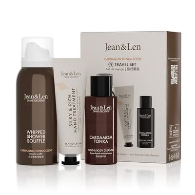 Jean & Len Zestaw podróżny Cardamon & Tonka, idealny mały prezent lub upominek, produkty dla ciała i umysłu, opakowanie posiada certyfikat FSC, małe rozmiary podróżne, wegański zestaw upominkowy