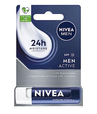 NIVEA MEN Active Nawilżająca pomadka do ust dla mężczyzn z masłem shea, pielegnującymi olejkami i witaminami SPF 15; 4,8 g