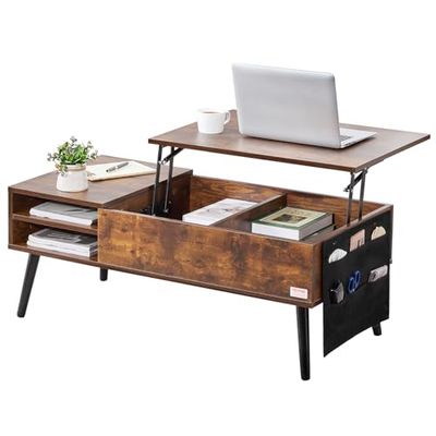 VEVOR Mesa de Café Elevable, 1000 x 498 x 400 mm, Mesa de Café Rectangular para Salón con Bolsillos de Almacenamiento Adicionales, Capacidad de 30 kg, Mesa de Centro Desplegable para Salón, Marrón