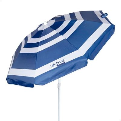 AKTIVE Ombrelle de plage pliable style marin à rayures Ø180, revêtement argenté et protection UV 50, paravent plage, parasol, para-soleil plage, parasols de plage (62234), marin