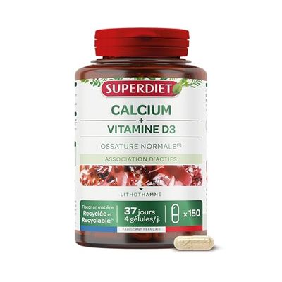SUPERDIET - CALCIUM + VITAMINE D - Nutrithérapie -Ossature normale-Source de calcium et de vitamie D-Fabrication française-150 gélules