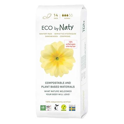 Eco by Naty Compressas sem asas normal - compostas à base de plantas e absorventes para mulheres, produto menstrual de algodão orgânico, melhor para a saúde feminina (14 unidades)