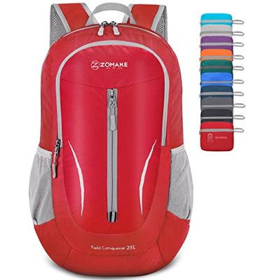 ZOMAKE Ultralichte opvouwbare rugzak, 25 liter, kleine opvouwbare rugzak, wandelrugzak, waterdicht, voor dames en heren, outdoor, wandelen, rood, M