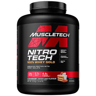 MuscleTech NitroTech 100% Whey Gold Protein Powder, Build Muscle Mass, Whey Isolate Protein Powder & Peptides, Protein Shake For Men & Women, 5.7g BCAA, 71 Servings, 2.27kg, Strawberry Shortcake