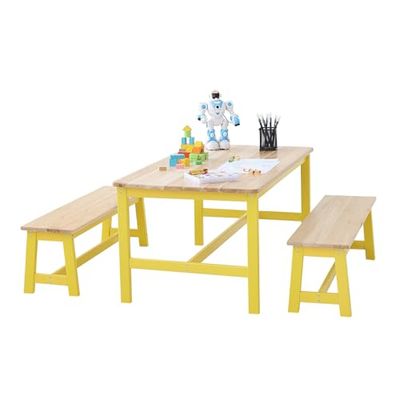 VEVOR 1 Table d’Enfant + 2 Bancs 1067x575x482 mm et 915x235x280 mm Ensemble de Meuble d'enfant Plateau Facile à Nettoyer pour Étudier Manger Jouer Lire Crèche Garderie Chambre d’Enfants de 2 à 8 Ans