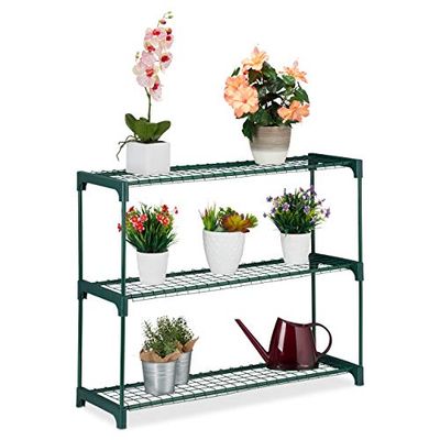 Relaxdays plantenrek met 3 etages, voor bloempotten en plantenpotten, indoor, kunststof & metaal, 74,5x91x28,5 cm, groen