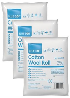BLUE DOT 25g Cotton Wool ROLL (30CWR025),White (Pack of 3)