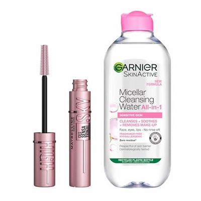 Maybelline Mascara Sky High Black x Garnier Micellar Cleansing Water Duo Bundle, Eyelash Lengthening, Volumizing & Thickening Mascara, and Gentle Face Cleanser & Makeup Remover, Fragrance-Free