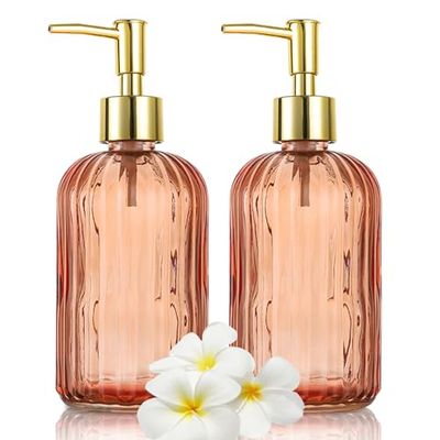 KOOSREEL Distributeur Savon, Lot de 2 flacons de Savon en Verre Polyvalents Anti-Goutte de 500 ML - Distributeur de Liquide Rechargeable pour Salle de Bain, comptoir, Cuisine, buanderie - Ambre