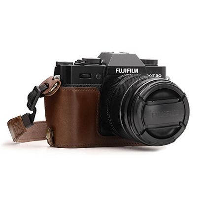 MegaGear MG958 Estuche Ever Ready, Media funda, estuche de base, funda de cuero, de pronto uso, con correa compatible con Fujifilm X-T30, X-T20, X-T10 - Marron Oscuro