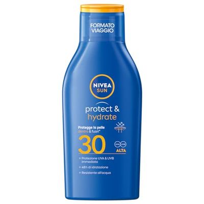 NIVEA SUN Protect & Hydrate SPF 30 resestorlek 100 ml, solkräm 30 fuktgivande 48h snabb absorption, solskydd 30 vattentålig med C-vitamin och hyaluronsyra