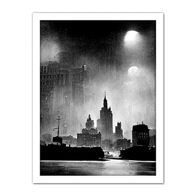 Doppelganger33 LTD 1950s Black And White New York Rainy Mist Cityscape Artwork Framed Wall Art Print 18X24 Inch
