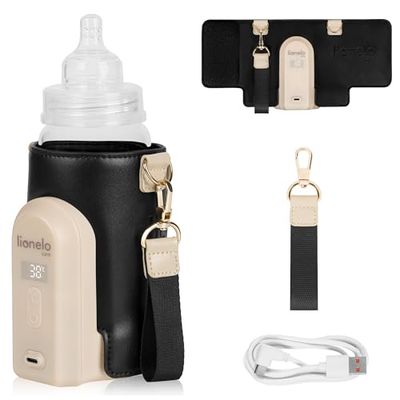 LIONELO Thermup Go Evo Draagbare Flessenwarmer | 5 Temperatuurniveaus (38°C-50°C) | Tot 9 Uur Warm | BPA-Vrij | Geschikt voor Bredere Flessen (50-80 mm) USB-C | LCD Display | Unniwersal Warmer (Zwart)