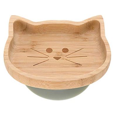 LÄSSIG Barn trätallrik snackstallrik barntallrik, tillverkad av bambu sugkopp av silikon halkfri/tallrik Little Chums Cat, turkos