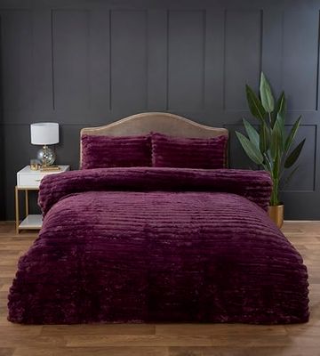 Rapport home Chunky Ribbed Premium Luxury Faux Rabbit Fur Duvet Cover Set Single Burgundy Soft and Warm Fluffy Bedding Set