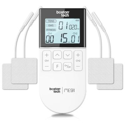 Boston Tech® Elettrostimolatore Muscolare | 3 in 1: TENS EMS Fitness | Sollievo Efficace dal Dolore + Allenamento | 2 Canali + 50 modalità + 16 Livelli di Intensità + Include Custodia + 4 Elettrodi