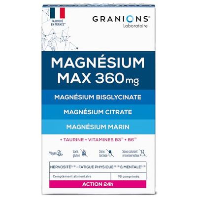 GRANIONS MAGNESIUM MAX 360 - Magnesium Bisglycinate, Magnesium Marin, Citrate de Magnesium - Complement Alimentaire Anti Stress - Vitamine B6, Fatigue Stress - Action 24H - 90 comprimés - 1 MOIS