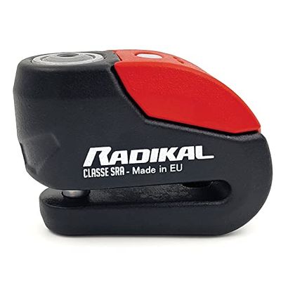 RADIKAL RK10 Cadeado para motocicleta disco premium alarme 120 dB ON/Off ativação opcional, Warning LED, homologado Sra, fecho duplo 10 mm aço cementado, fechadura alta segurança, pinça anti-roubo