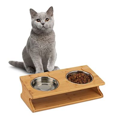 Relaxdays voerbak hond en kat, voor katten & kleine honden, 2 bakjes, elk 300 ml, bamboe, 12x39x19,5 cm, natuur/zilver