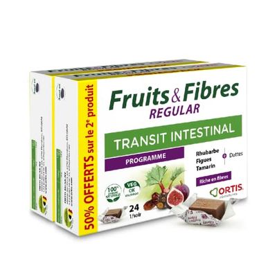 Ortis - Duo Fruits & Fibres Regular Promopack 2 x 24 Cubes - Complément Alimentaire pour Favoriser le Transit Intestinal - Paresse Intestinale Régulière - 100% Naturel à base de Rhubarbe