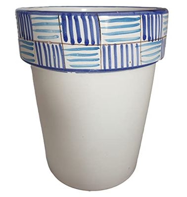 Ceramiche Angela Rinaldi – Vaso in Ceramica di Vietri dipinto a mano Maiolica Design Terracotta Coccio Cachepot (linee blu, Altezza cm. 15, diametro cm. 13)