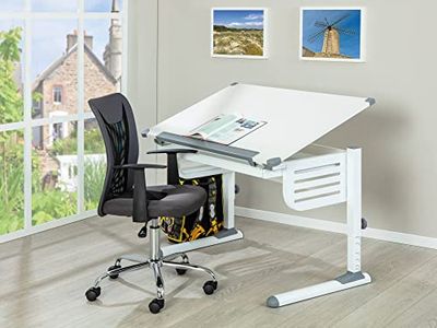 Dmora Bureau réglable en Hauteur avec étagère inclinable, en métal Blanc, 110 x 68 x 55-78 cm