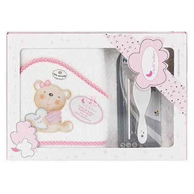 Amazon - peleryna kąpielowa z kapturem, Love White and Pink - 100% bawełna - i zestaw pędzli do włosów i grzebienia