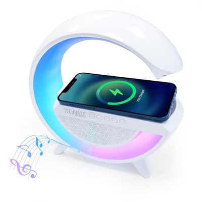 Technaxx TX-264, un altoparlante LED wireless a luce notturna d'atmosfera con ricarica wireless da 10W e 6 modalità di luce RGB, altoparlante Bluetooth a forma di G, caricatore di telefono wireless