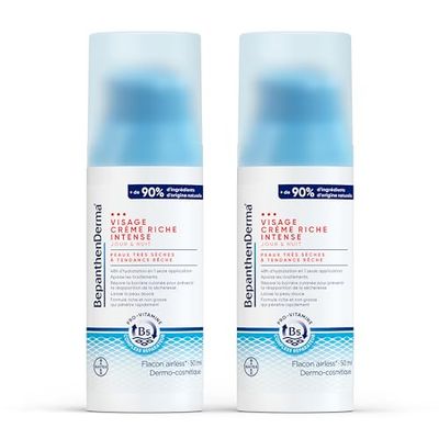 Crème hydratante visage riche intense – Hydratation jusqu’à 48h – Apaisante, non grasse – Peaux très sèches à tendance rêche – Beurre de karité, Huile d’Argan, Niacinamide – BepanthenDerma 2×50ml