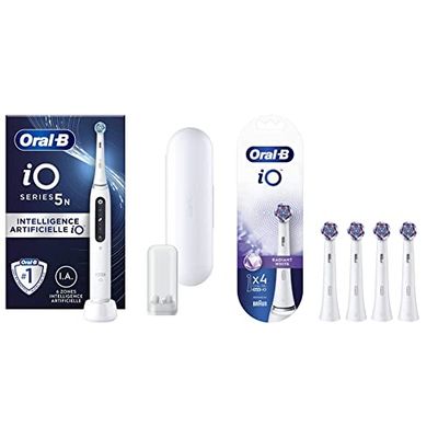 Oral-B iO 5N Brosse À Dents Électrique Blanche connectée Bluetooth, 1 Brossette, 1 Étui & iO Radiant White, Pack de 4, Têtes de Brosse à Dents Électrique, Élimination de la Plaque Dentaire, Blanc