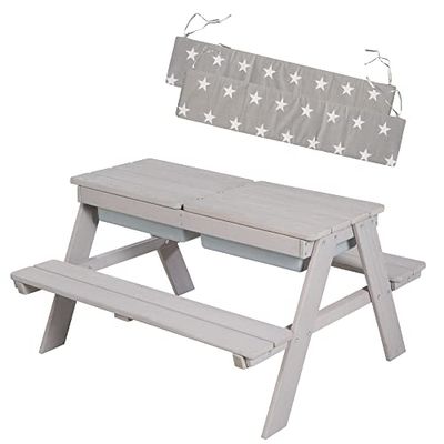 roba Table Pique-nique pour Enfants Play en Bois Massif avec 2 Bacs à Sable et Eau Intégrés + Coussins - Résistante aux Intempéries - Gris