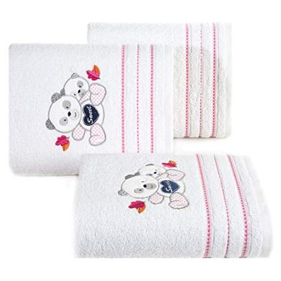 Design91 Dziecięcy ręcznik do rąk dla niemowląt, biały, różowy, ręcznik do rąk, motyw miś pluszowy miś dla dziewczynki, łazienka, miękki, słodki, przytulny, 70 x 140 cm