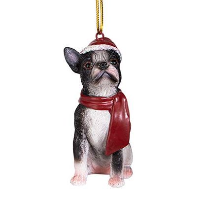Design Toscano Chien de Vacances Terrier Boston Décorations Ornements de Sapin de Noël, 8 cm, polyrésine, palette complète de couleur