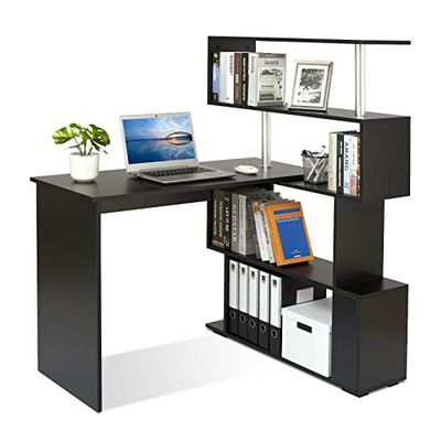 Meerveil Computertafel, L-vormig, hoekbureau, met 360 graden draaibare boekenkast voor werkkamer, woonkamer, kantoor, 157 x 45 x 130,5 cm, zwart
